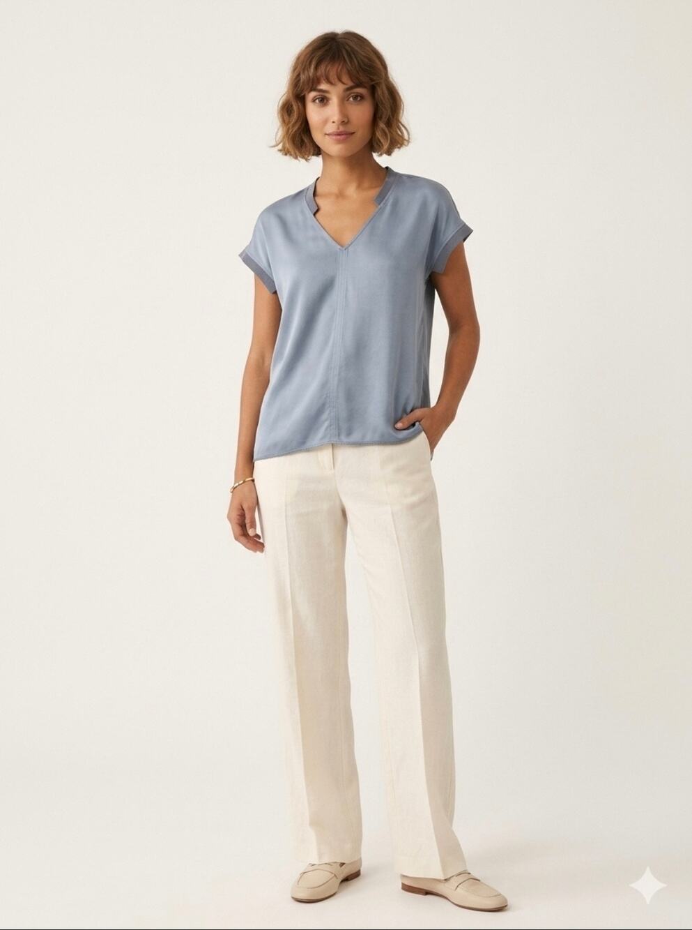 Go By GoSilk Anytime Tee Mixed Media VNeck 100%Silk Blouse Gray Blue elevated